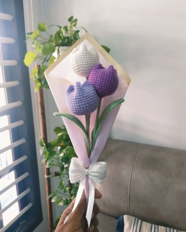 Florivya Purple & White Crochet Tulip Flowers Bouquet