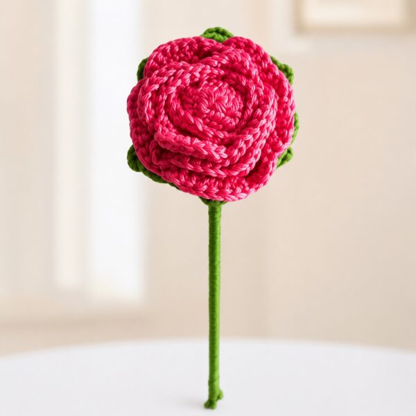 Florivya Handmade Crochet Pink Rose Flower