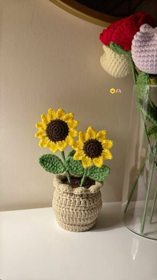 Handmade Sunflower Crochet Pot with Two Flowers – Yellow Sunflower Yarn Decor