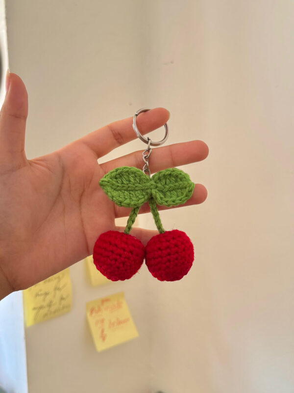 Handmade Cherry Crochet Keychain – Cute Red Cherry Yarn Keyring |